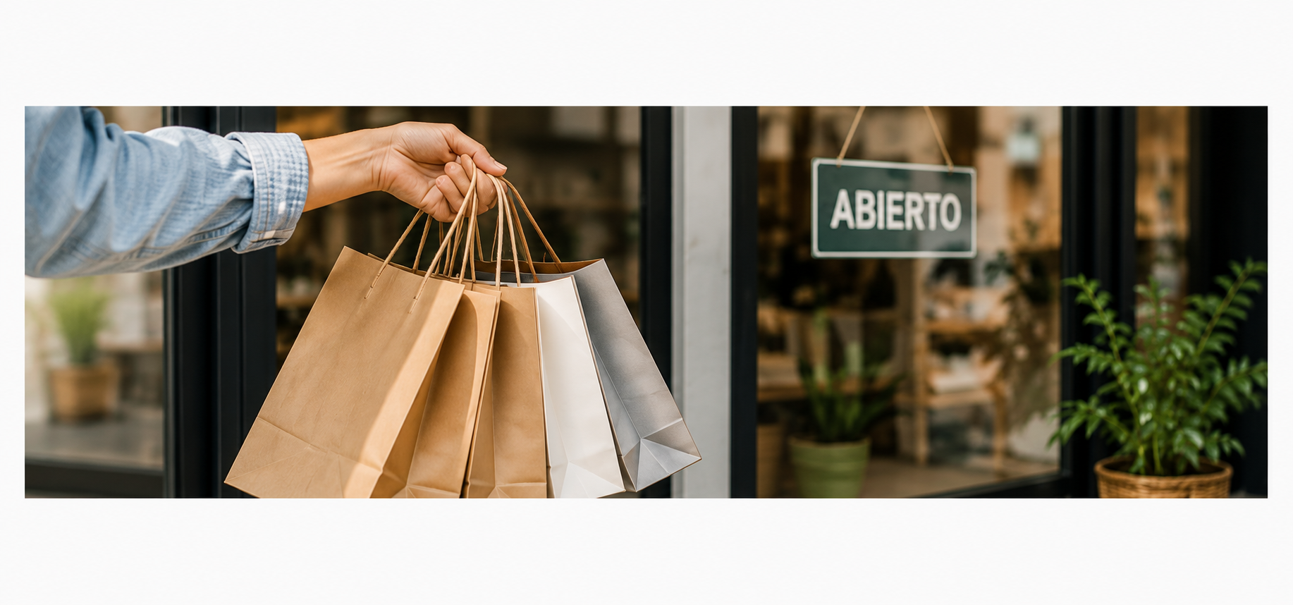 Persona con bolsas de compras frente a una tienda