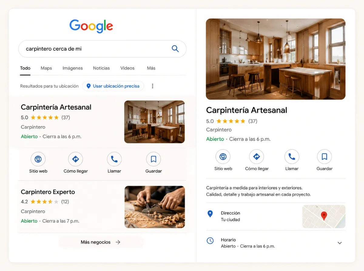 Perfil de Google Business de un taller con fotos y reseñas